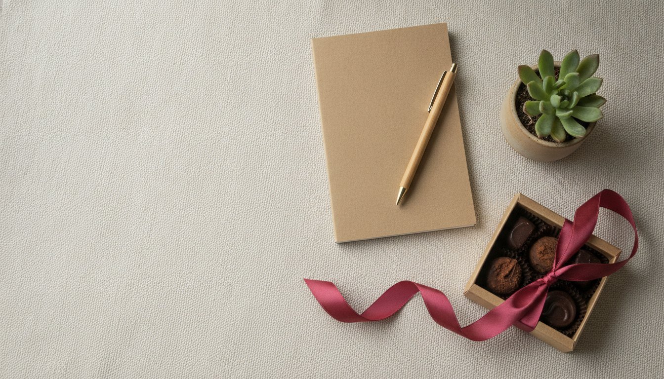 Illustration : un carnet kraft, un stylo en bambou, une plante grasse et une boîte de chocolats nouée d'un ruban framboise sur du lin