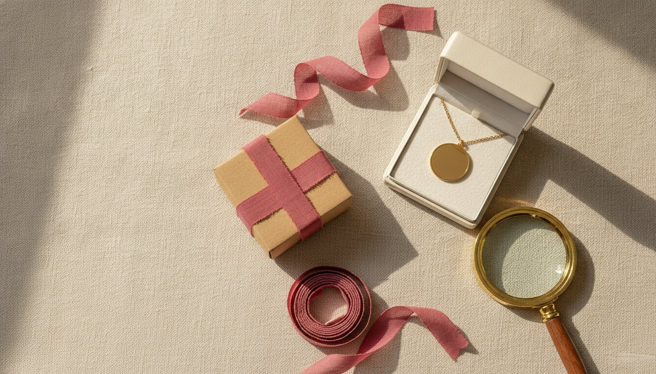 Illustration : un écrin crème avec une médaille dorée, une loupe, un petit colis kraft et un ruban framboise sur du lin