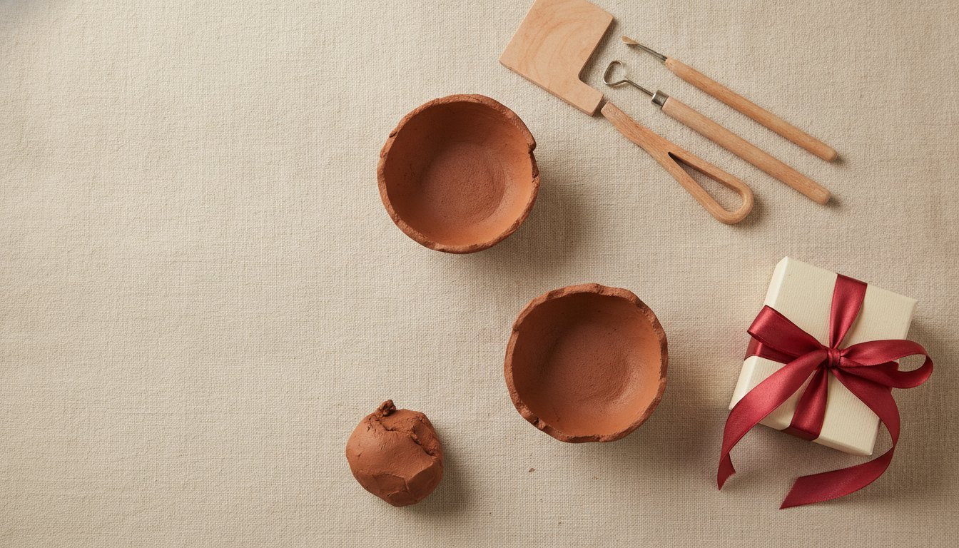 Illustration : deux bols en céramique en cours de façonnage, des outils de modelage et un paquet cadeau sur une table d'atelier