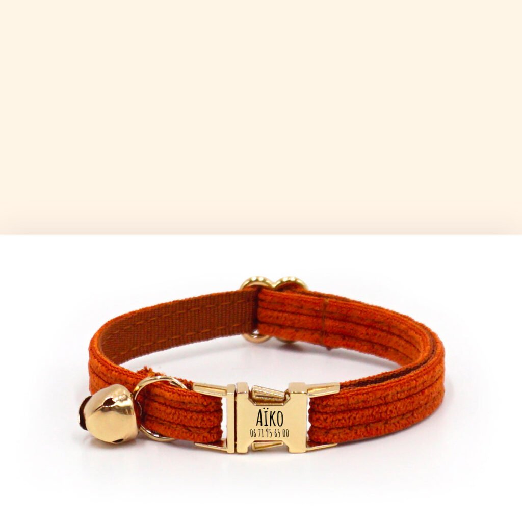 Collier pour chat en velours côtelé terre battue, avec grelot et fermoir doré personnalisé.