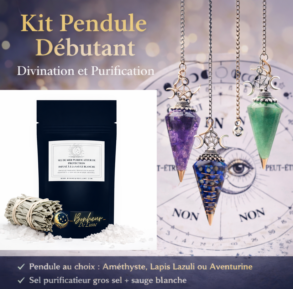 Visuel produit du Kit Pendule Débutant Bonheur de Lune montrant trois pendules en cristal suspendus, un pochon noir et un bâton de sauge, avec une liste des éléments inclus.