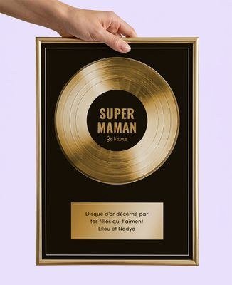 Poster encadré représentant un disque d'or avec la mention Super Maman et une dédicace