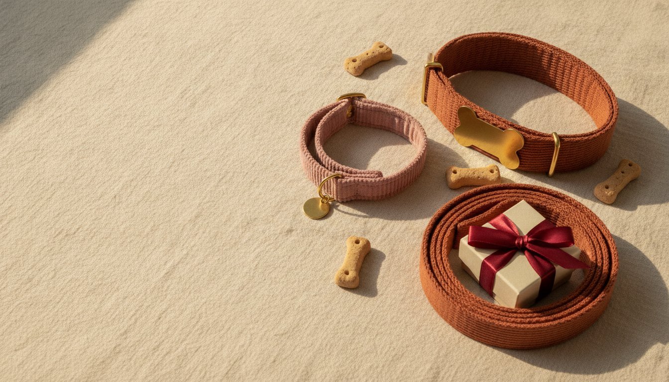 Illustration : un collier de chat rose et un collier de chien terracotta avec une laisse et un paquet cadeau, posés sur du lin