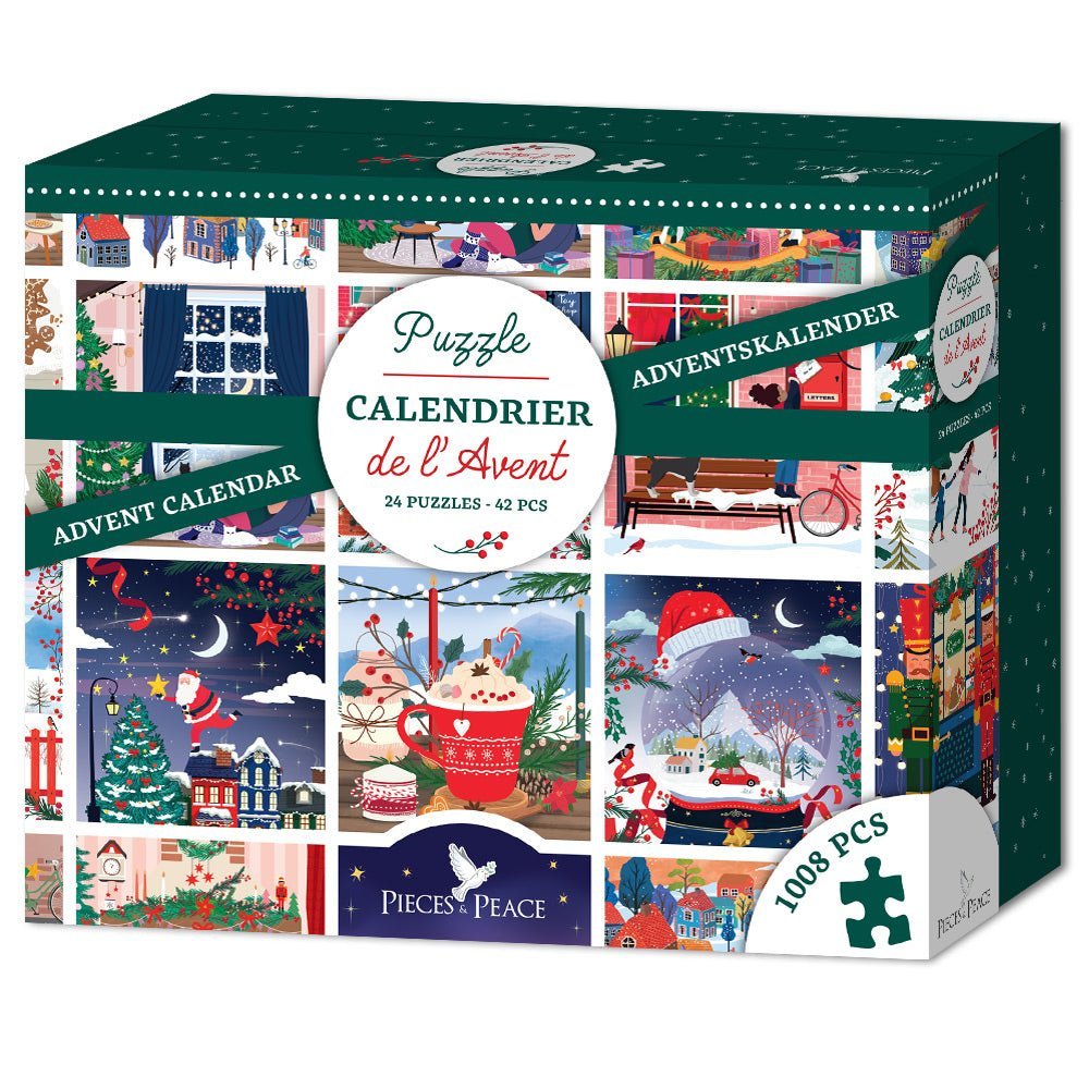 Boîte du Puzzle Calendrier de l'Avent Pieces & Peace présentée sur fond blanc, décorée d'illustrations festives hivernales.
