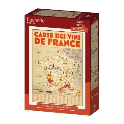 Boîte du puzzle 1500 pièces Hachette « Carte des Vins de France » présentée sur fond blanc avec visuel de carte cartographique.