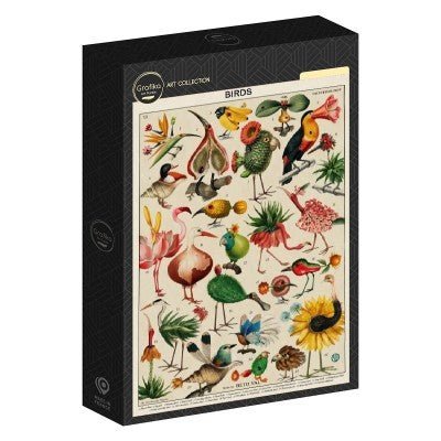 Boîte du puzzle 500 pièces Grafika Art Collection « Birds » de Beto Val présentée sur fond blanc avec illustration d'oiseaux exotiques.