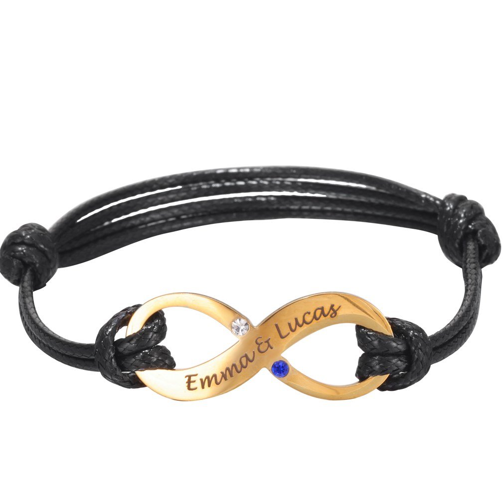 Bracelet à cordon noir avec motif infini doré gravé de deux prénoms