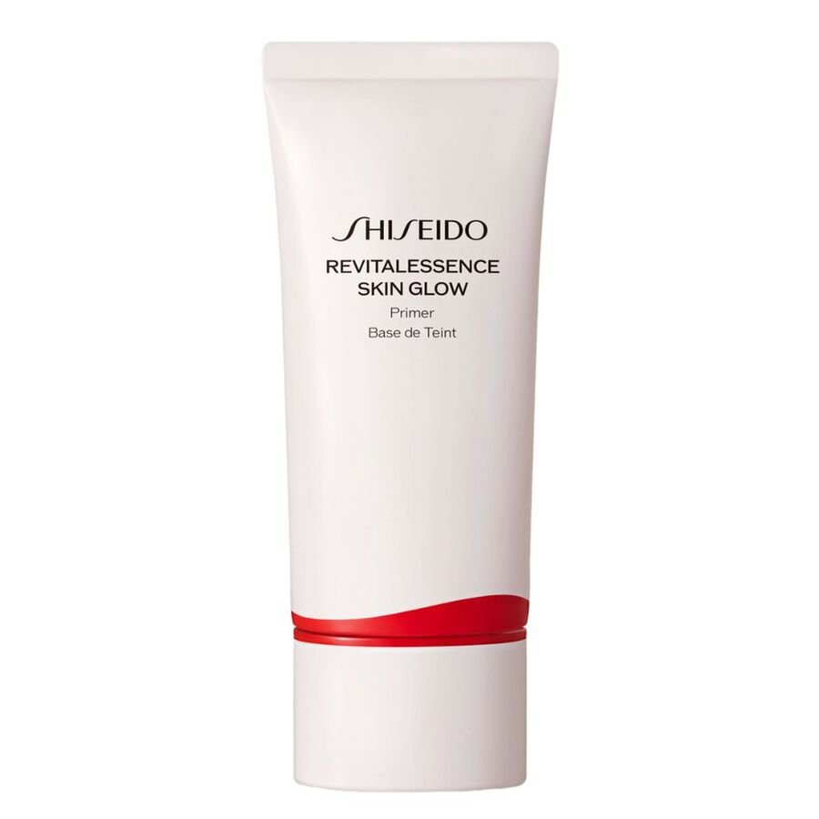 Tube blanc de la base de teint Shiseido Revitalessence Skin Glow, avec anneau rouge caractéristique de la marque, photographié sur fond blanc.